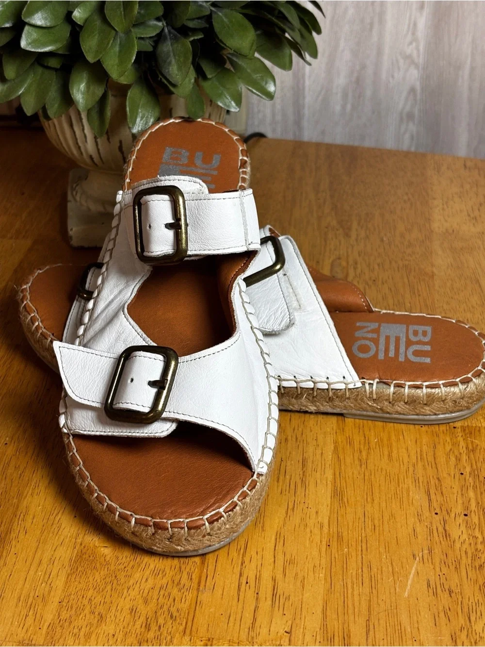 Bueno White Leather Double Buckle Espadrille Slide Sandals